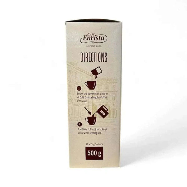 Café Enrista Coffee 3-in-1 Regular 500g box with 20 single-serve sachets of instant coffee, sugar, and creamer blend