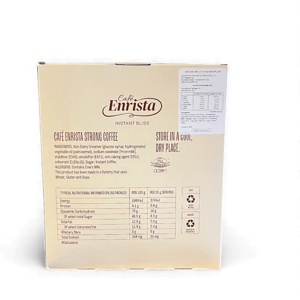 Cafe Enrista Coffee 3-in-1 Strong 500g box with nutritional info and storage instructions