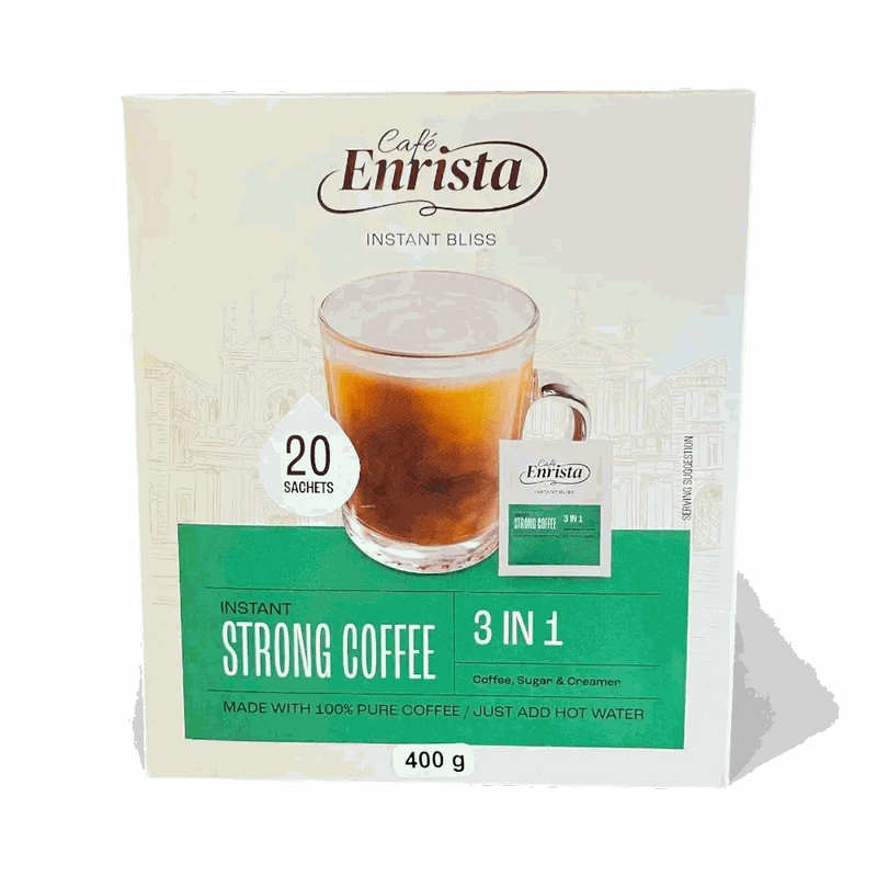 Cafe Enrista Coffee 3-in-1 Strong instant coffee sachets 400g box with coffee, sugar, and creamer.
