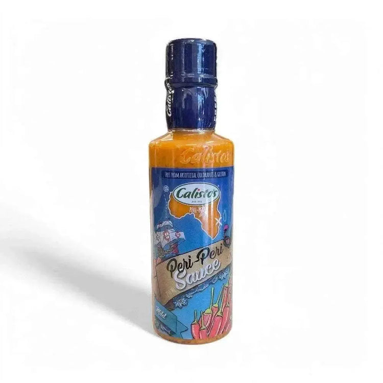 Bottle of Calisto's Peri Peri Sauce Mild 250ml with label highlighting tangy, mild heat and authentic Portuguese flavors