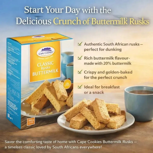 Cape Cookies Buttermilk Rusks 500g pack featuring crispy golden-baked South African buttermilk rusks