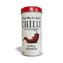 Cape Herb & Spice Chilli Crunch Seasoning 75g container with red lid featuring spicy chilli seasoning blend for enhancing food flavor