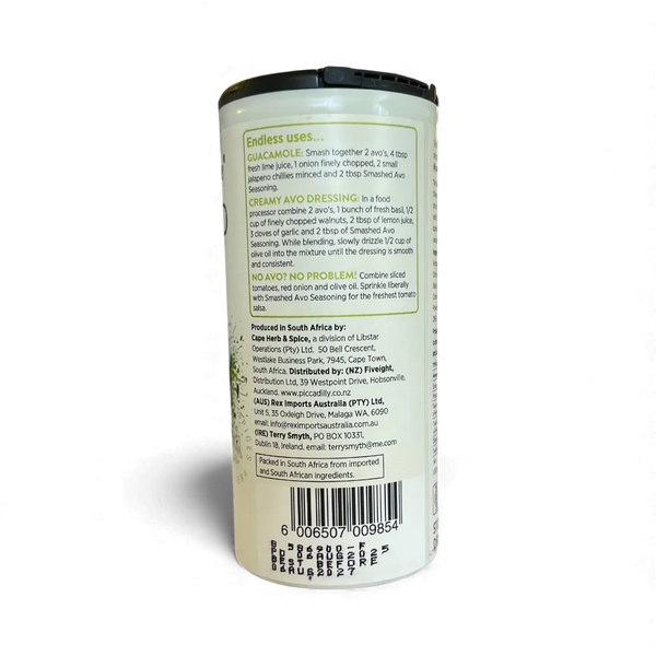 Cape Herb & Spice Smash Avo Seasoning 75g container with usage instructions and product details on label