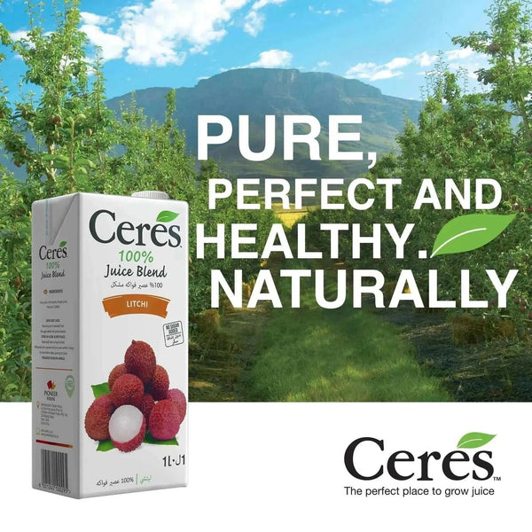 Ceres Litchi Sensation juice carton in a mountain landscape