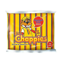 Chappies Bubblegum 100-pack assorted fruit flavors in iconic yellow wrapper with blue and red stripes