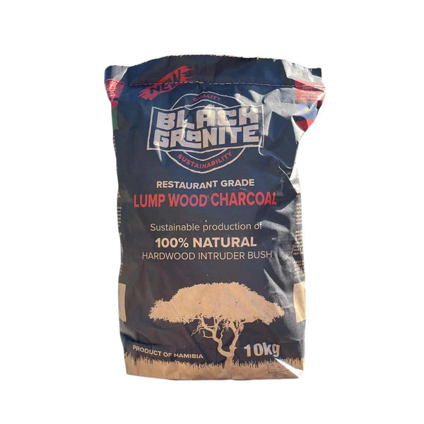 Black Granite Charcoal Lump Wood bag with 100% natural Namibian hardwood, restaurant-grade quality, eco-friendly fuel for BBQs and grilling.