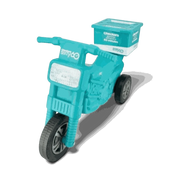 Checkers Sixty60 teal ride-on motorbike with three wheels and rear delivery box