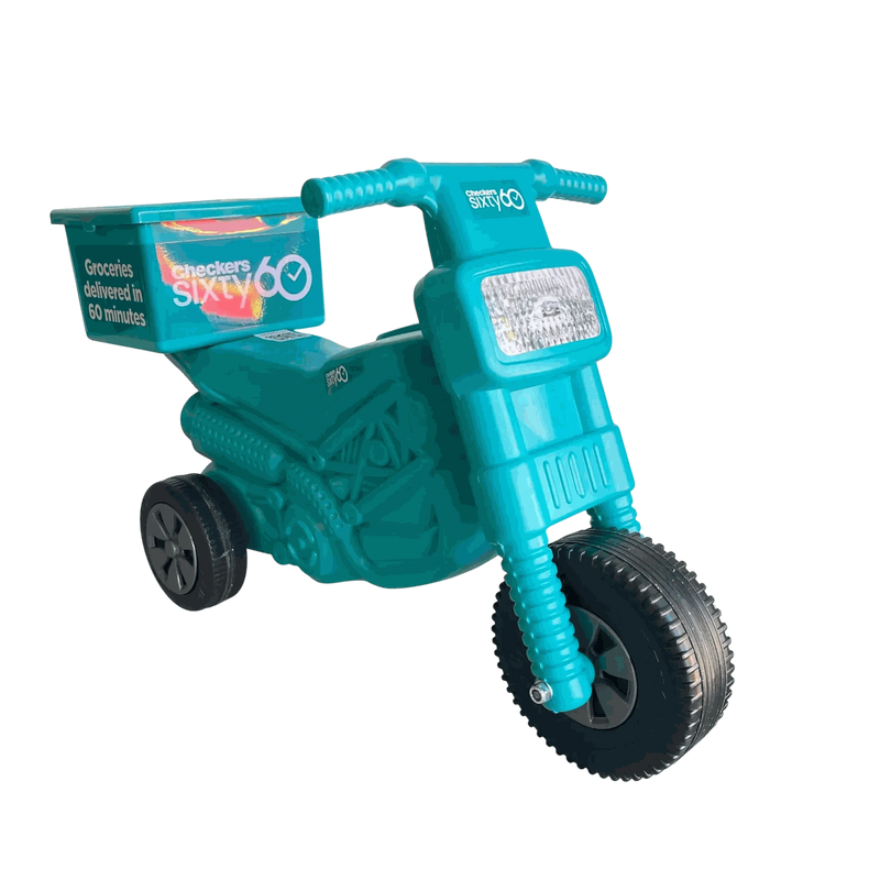 Checkers Sixty60 MINI-ME teal ride-on motorbike with three wheels and rear delivery box