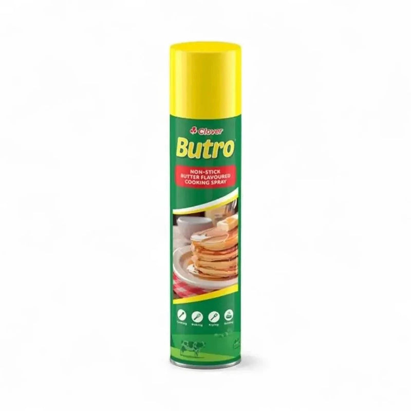 Butro Butter Flavoured Cooking Spray 300ml can with yellow cap and green label showing pancakes, non-stick cooking spray for cooking and baking.
