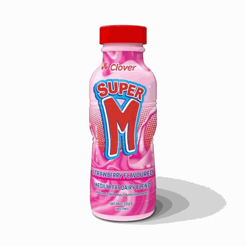 Clover Super M Strawberry flavoured milk 300ml front bottle