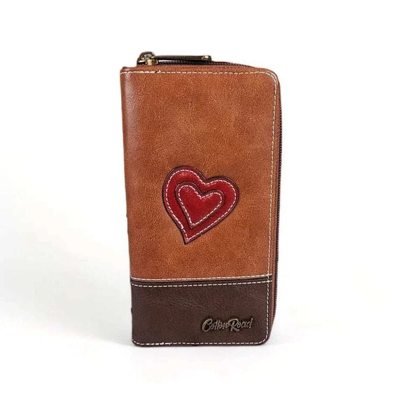 Cotton Road large PU leather wallet in kaki and brown with stitched red heart detail and zip closure