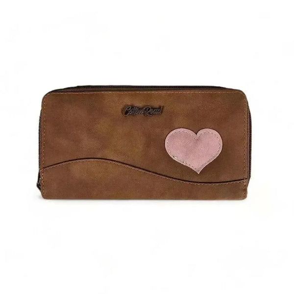 Cotton Road Large PU Leather Wallet in kaki with pink heart and two zip compartments for cards and coins