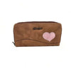 Cotton Road Large PU Leather Wallet in kaki with pink heart and two zip compartments