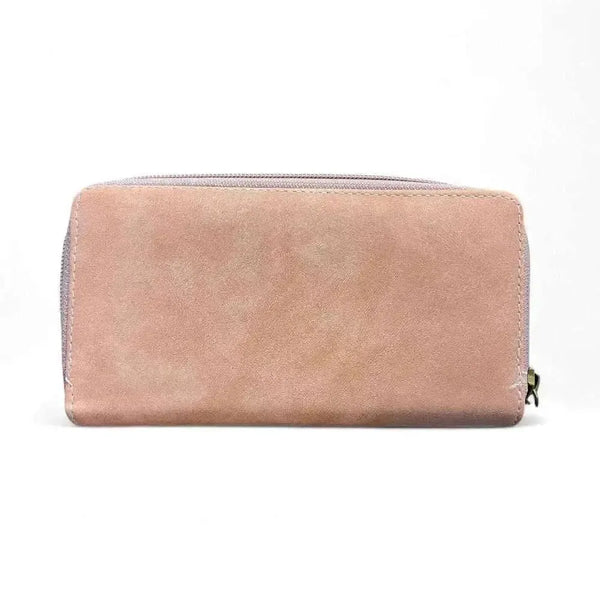 Cotton Road Large PU Leather Wallet in pink with light pink heart and dual zip compartments