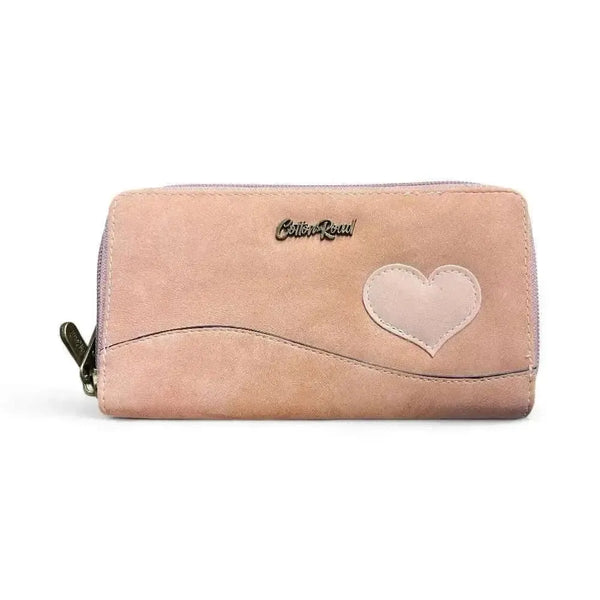 Cotton Road Large PU Leather Wallet in pink with light pink heart and zip compartments