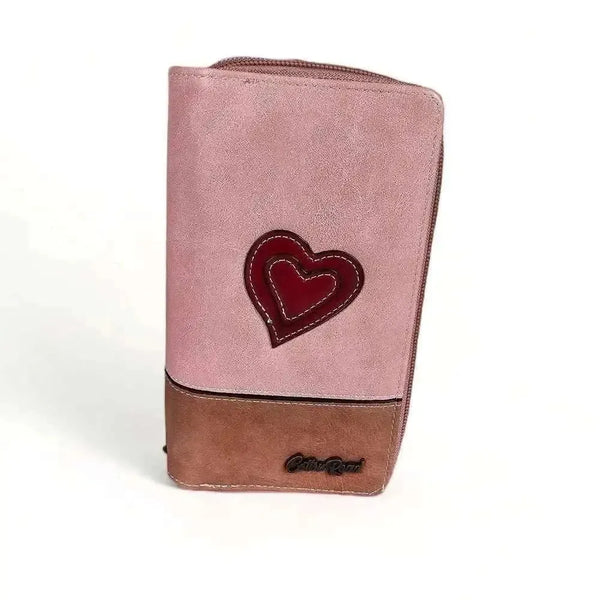 Cotton Road Large PU Leather wallet in pink and tan with zip compartments for cards and coins
