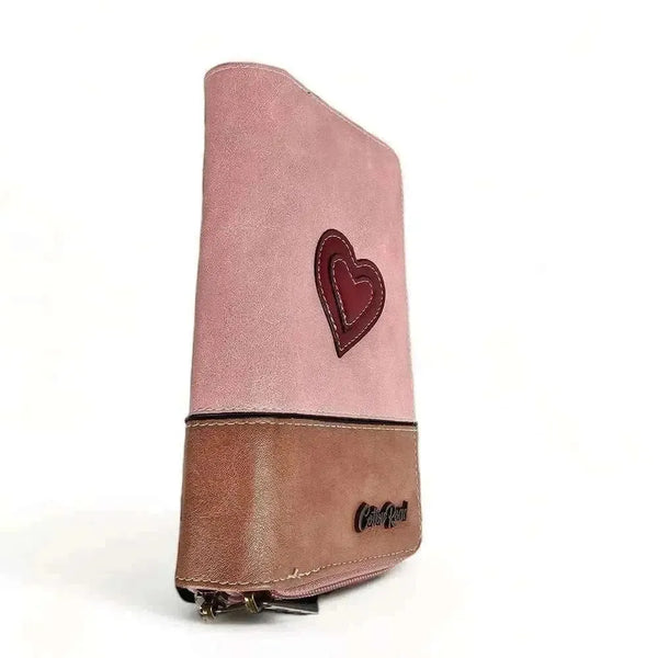 Cotton Road Large PU Leather wallet in pink and tan with zip compartments for cards and coins