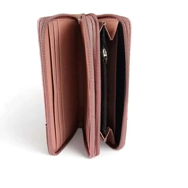Cotton Road Large PU Leather wallet in pink and tan with zip compartments for cards and coins