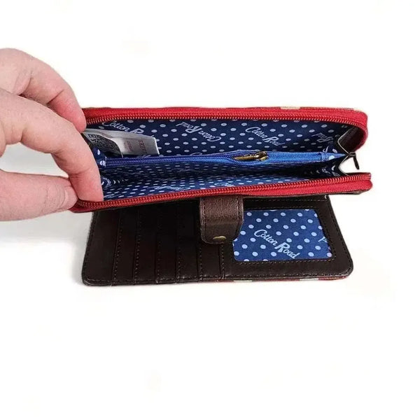 Cotton Road Large PVC Wallet red with polka dots, roomy zippered compartment and coin purse, 19cmx10cm