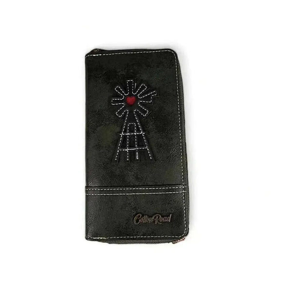 Cotton Road Large Wallet dark green PU leather with windmill design and double zip compartments