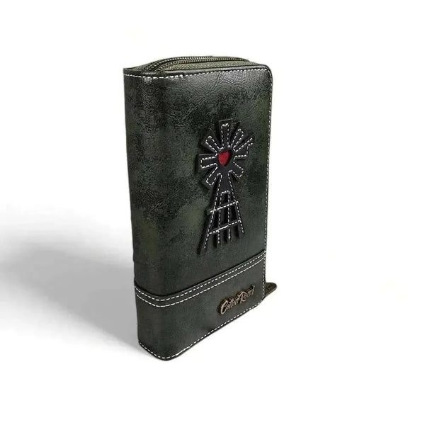 Cotton Road Large Wallet dark green PU leather with windmill design and double zip compartments