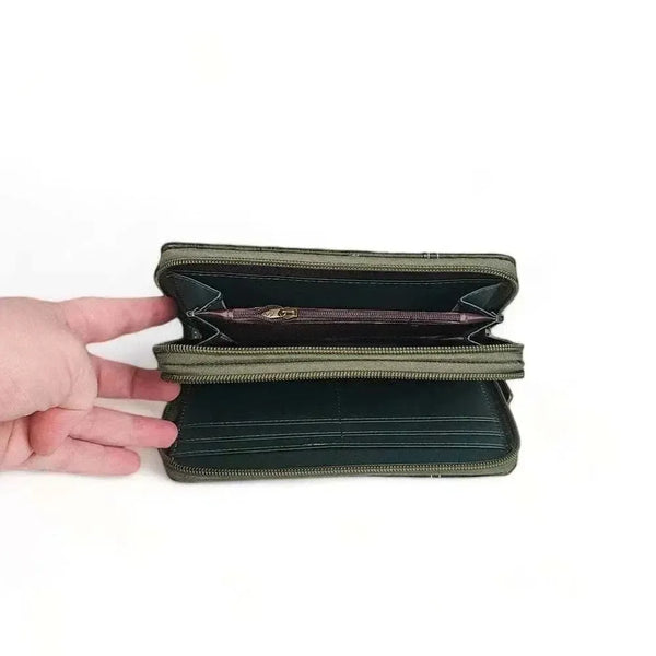 Cotton Road Large Wallet dark green PU leather with windmill design and double zip compartments
