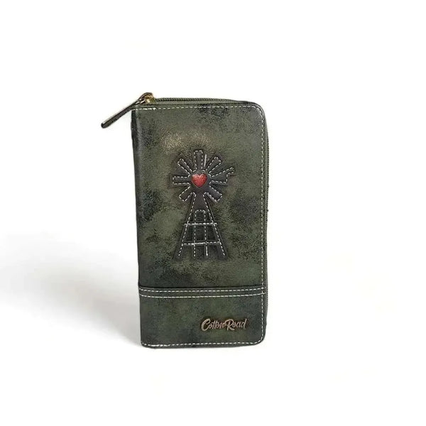 Cotton Road Large Wallet dark green PU leather with windmill design and double zip compartments