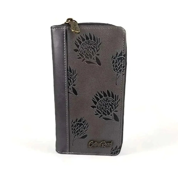 Cotton Road Large Wallet in grey PU leather with embossed proteas and dual zip compartments