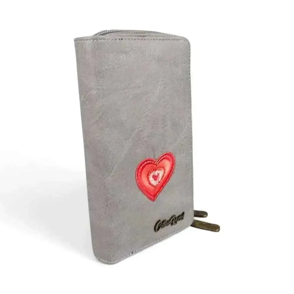 Cotton Road Large Wallet grey PU leather with embroidered red heart and dual zip compartments