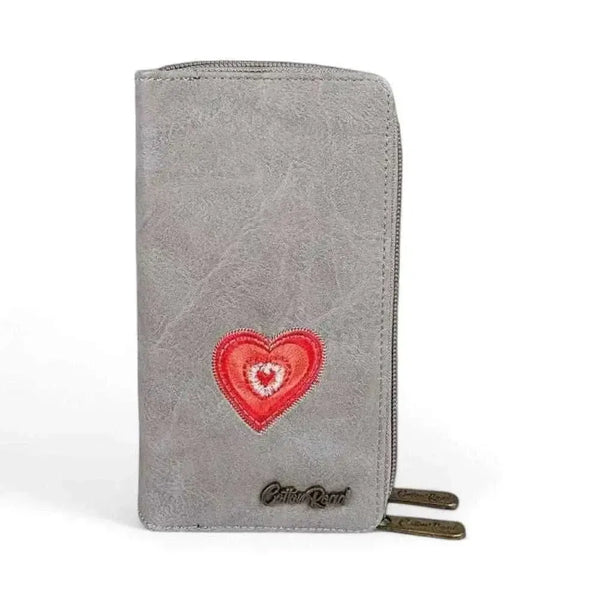 Grey Cotton Road large wallet in PU leather with embroidered red heart and dual zip compartments