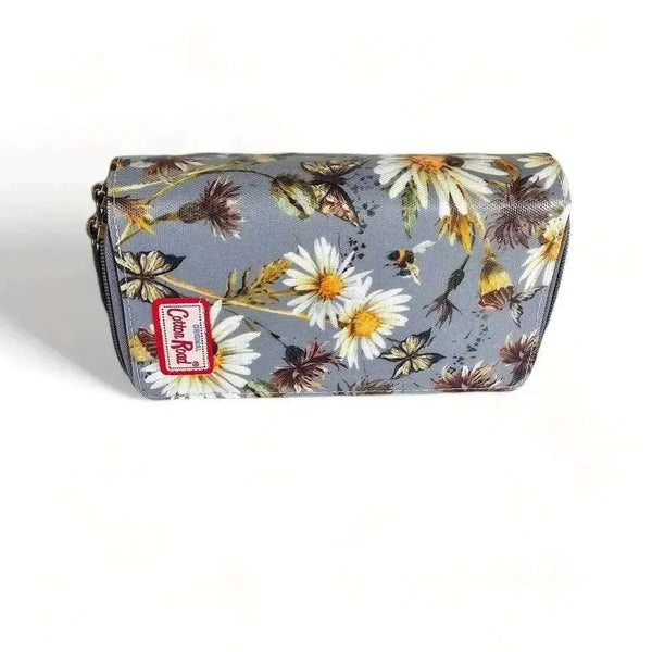 Cotton Road Large Wallet grey PVC with daisies, double zip compartments and coin purse
