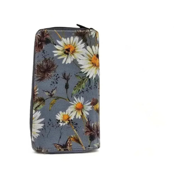 Cotton Road Large Wallet grey PVC with daisies, double zip compartments and coin purse