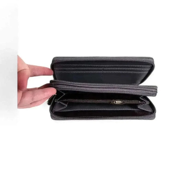 Cotton Road Large Wallet grey PU leather with stitched pink heart and dual zip compartments