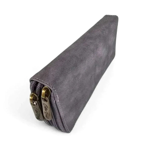 Cotton Road Large Wallet in grey PU leather with stitched pink heart and dual-zip compartments.