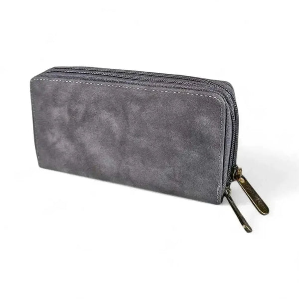 Cotton Road Large Wallet grey PU leather with stitched pink heart and dual zip compartments