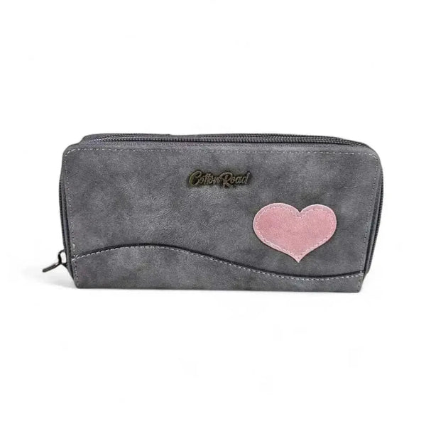 Cotton Road Large Wallet in grey PU leather with stitched pink heart and dual zip compartments