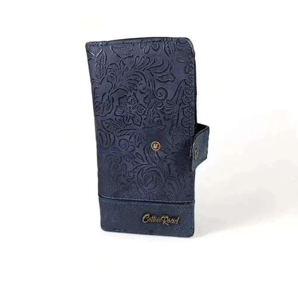 Cotton Road Large Wallet navy PU leather with embossed flower design and zip coin compartment