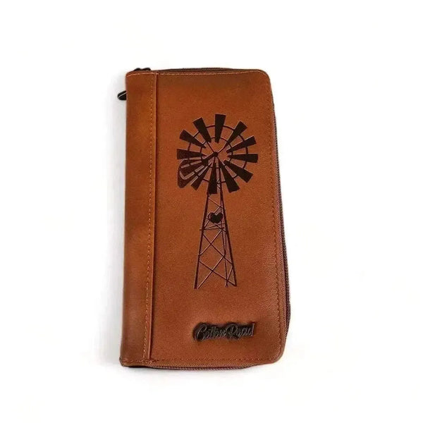 Cotton Road Large Wallet in kaki PU leather with embossed windmill design and double zip compartments