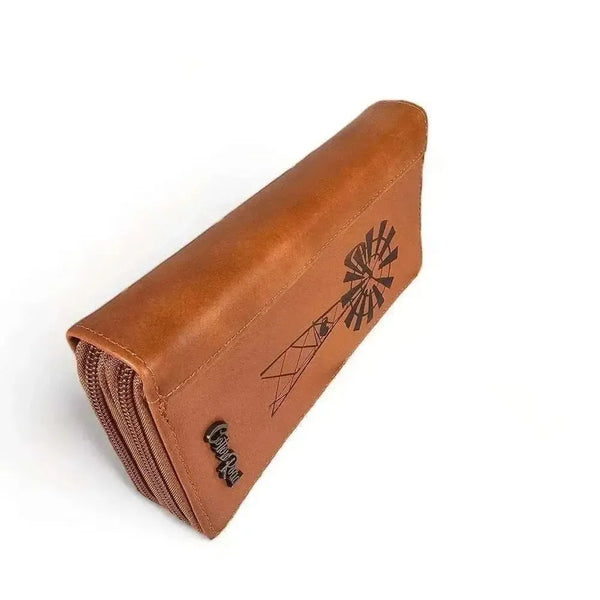 Cotton Road Large Wallet in kaki PU leather with double zip compartments and embossed windmill design