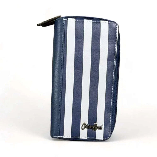 Cotton Road Large Wallet in navy and white striped PU leather with zip compartments and card organizer