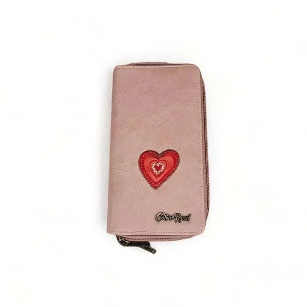 Cotton Road Large Wallet pink PU leather with red heart and double zip compartments