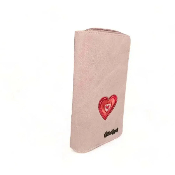 Cotton Road Large Wallet pink PU leather with red heart and double zip compartments