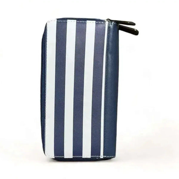 Cotton Road Large Wallet PU leather navy white stripes with zip compartments and card slots