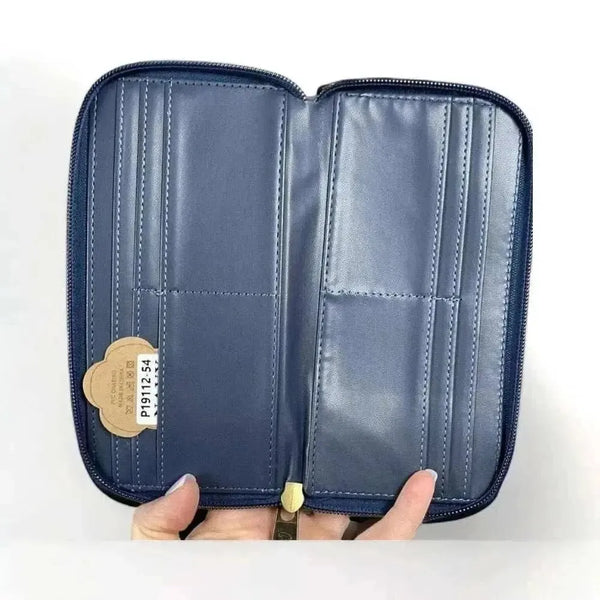 Cotton Road large PU leather wallet with navy and white stripes, two zip compartments, card slots, and coin purse