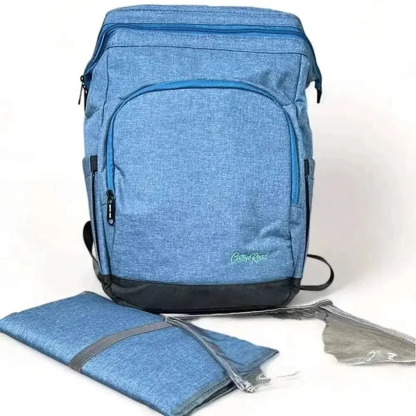 Blue Cotton Road Nappy Bag backpack with front zip compartment, side bottle pockets, changing mat, and wet bag.