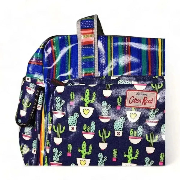 Cotton Road Nappy Bag Navy Blue with cactus print and stripes, multiple compartments, and long strap