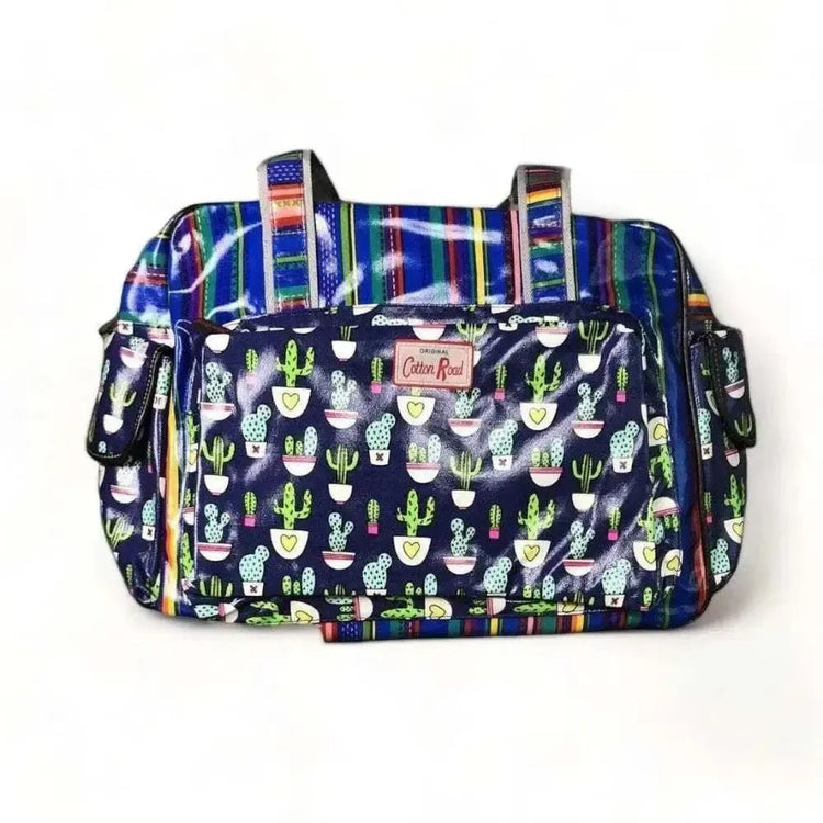 Cotton Road nappy bag navy blue with cactus and stripes, multiple compartments, long strap