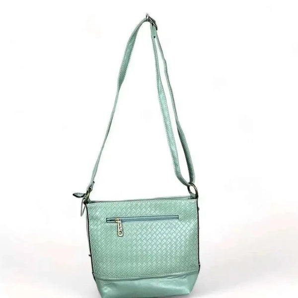 Cotton Road Sling Bag in green PU leather with weave effect and adjustable strap