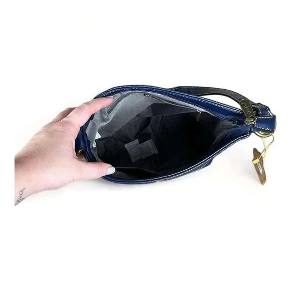 Cotton Road Sling Bag in navy PU leather with weave effect, zip compartments, and adjustable strap
