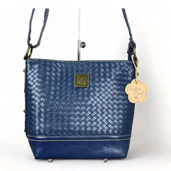 Cotton Road Sling Bag in navy PU leather with weave effect and adjustable strap